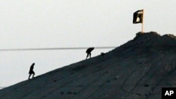 FILE - Militants with the Islamic State group are seen after placing their group's flag on a hilltop at the eastern side of the town of Kobani, Syria. 