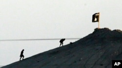 Các phần tử chủ chiến Nhà nước Hồi giáo đặt cờ trên đỉnh một ngọn đồi ở miền đông thị trấn Kobani, Syria. (Ảnh tư liệu)