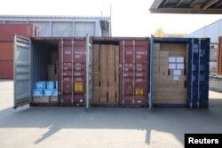 Medicine supplies stacked in containers are seen after shipments to North Korea were delayed at a port in Pyeongtaek, South Korea, Feb.25, 2016, in this handout photo released by the Eugene Bell Foundation.