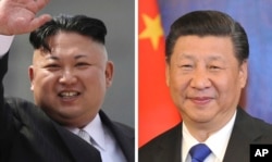 FILE - This combination of file photos shows North Korean leader Kim Jong Un, left, and Chinese President Xi Jinping.