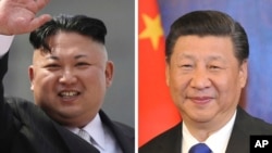 ພາບຖ່າຍຂອງຜູ້ນຳເກົາຫຼີເໜືອ Kim Jong Un, ຊ້າຍ, ແລະ ປະທານປະເທດ ຈີນ ທ່ານ Xi Jinping.
