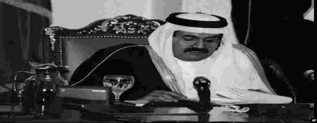 The former defence minister and Crown Prince of Qatar Prince Hamad Bin Khalifa al-Thani makes a speech on state-run radio, that he has taken control of the oil-rich Gulf emirate by ousting his father, Sheik Khalifa Bin Hamid al-Thani, while he was out of the country, in Doha, Qatar, June 27, 1995.