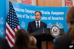 U.S. Secretary of State Antony Blinken speaks to staff at the U.S. Embassy, during his visit to Kyiv, Ukraine, Jan. 19, 2022.