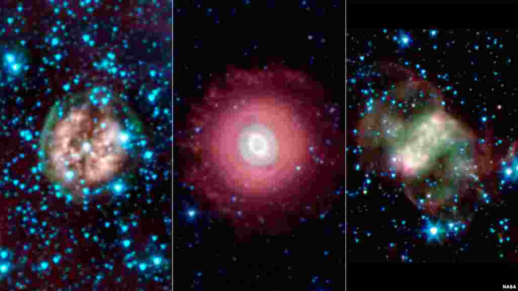 Trio of ghostly images from NASA's Spitzer Space Telescope shows the disembodied remains of dying stars called planetary nebulas. Planetary nebulas are a late stage in a sun-like star's life, when its outer layers have sloughed off and are lit up by ultraviolet light from the central star. They come in a variety of shapes, as indicated by these three spooky structures. (NASA/JPL-Caltech/Harvard-Smithsonian CfA)