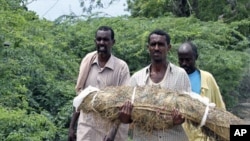 An unidentified displaced Somali man carries the remains of his child who died of malnutrition for burial at the Badbado settlement in southern Mogadishu, August 4, 2011