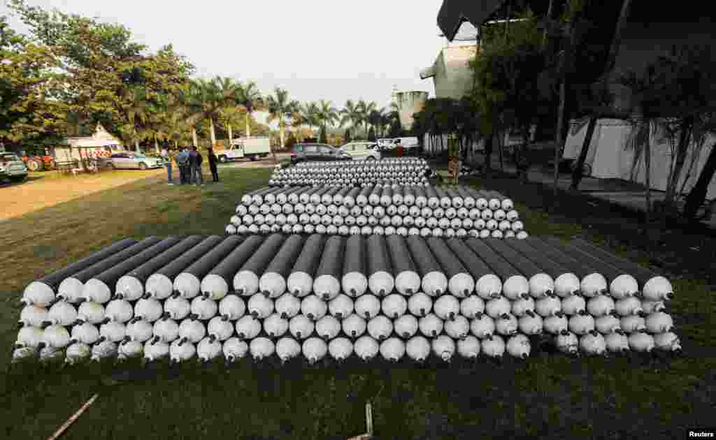 Empty oxygen cylinders are seen at a COVID care center set up amidst the spread of COVID-19, in New Delhi, India.