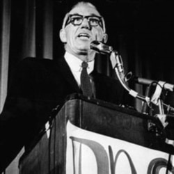 Dr. Benjamin Spock spoke at a meeting for "Peace in Vietnam" in Fair Lawn, N.J in 1968