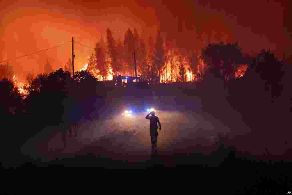 Members of the emergency services try to extinguish a wildfire near Cardigos village, in central Portugal, on July 21, 2019.