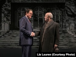 Rob Riley (Ronald Reagan) and William Dick (Mikhail Gorbachev) in Blind Date by Rogelio Martinez, directed by Robert Falls at Goodman Theatre