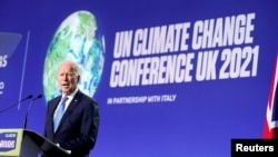 ប្រធានាធិបតី​សហរដ្ឋ​អាមេរិក​លោក Joe Biden ថ្លែង​នៅក្នុង​សន្និសីទ​របស់​អង្គការ​សហ​ប្រជាជាតិ​ស្តីពី​ការប្រែប្រួល​អាកាសធាតុ (COP26) នៅ​ទីក្រុង Glasgow កាលពី​ថ្ងៃទី២ ខែវិច្ឆិកា ឆ្នាំ២០២១។