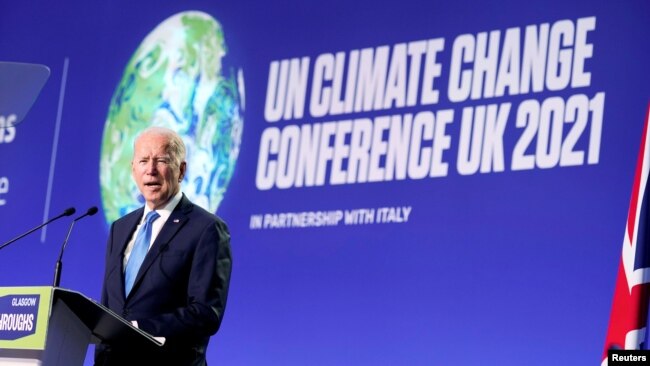 Tổng thống Mỹ Joe Biden phát biểu tại thượng đỉnh khí hậu Liên hiệp quốc (COP26) ở Glasgow, Scotland, Anh, ngày 2/11/2021.