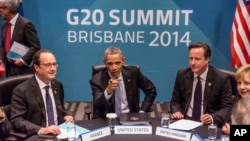 President of France Francois Hollande, U.S. President Barack Obama, Britain's Prime Minister David Cameron and Germany's Chancellor Angela Merkel attend the Transatlantic Trade and Investment Partnership (TTIP) meeting at the G20 the G-20 leaders summit 