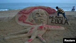 Nghệ sĩ Sudarshan Pattnaik cạnh tác phẩm bằng cát miêu tả bệnh dịch Ebola trên một bãi biển bang miền đông Odisha ở Ấn Độ.
