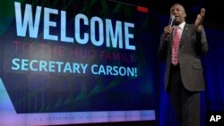 Housing a Urban Development Secretary Ben Carson speaks to HUD employees in Washington, March 6, 2017. 