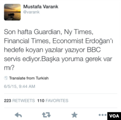 Cumhurbaşkanı'nın danışmanlarından Mustafa Varank gibi isimler ise, Twitter mesajlarıyla yabancı medya kuruluşlarını adeta "kirli ittifak" ile birlikte hareket etmekle suçlaması dikkat çekti.