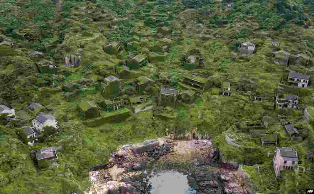 Abandoned village houses are seen covered with overgrown vegetation in Houtouwan on Shengshan island, China&#39;s eastern Zhejiang province. Houtouwan was a thriving fishing community of sturdy brick homes that climb up the island of Shenghshan, but is now abandoned, with entire houses completely overgrown as if vacuum-sealed in a lush layer of green.