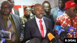 Nelson Chamisa leader of the Movement for Democratic Change (MDC) Alliance, speaks to reporters, July 25, 2018, in Harare. He says he is confident of victory in the July 30 election despite what he says is the Zimbabwe Electoral Commission's design of the presidential ballot, which gives an unfair advantage to President Emmerson Mnangagwa.