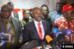 Nelson Chamisa leader of the Movement for Democratic Change (MDC) Alliance, speaks to reporters, July 25, 2018, in Harare.