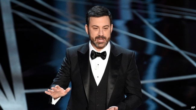 FILE - Host Jimmy Kimmel speaks at the Oscars at the Dolby Theatre in Los Angeles, Feb. 26, 2017.