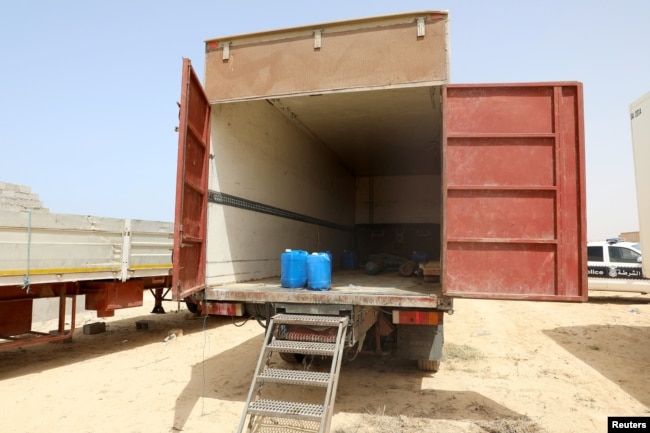 A lorry container where eight migrants including six children were found dead is seen, on the west Libyan coast, in Zuwara city, Libya, July 16, 2018.