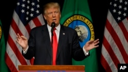 Republican presidential candidate Donald Trump speaks during a rally in Spokane, Washington, May 7, 2016. 