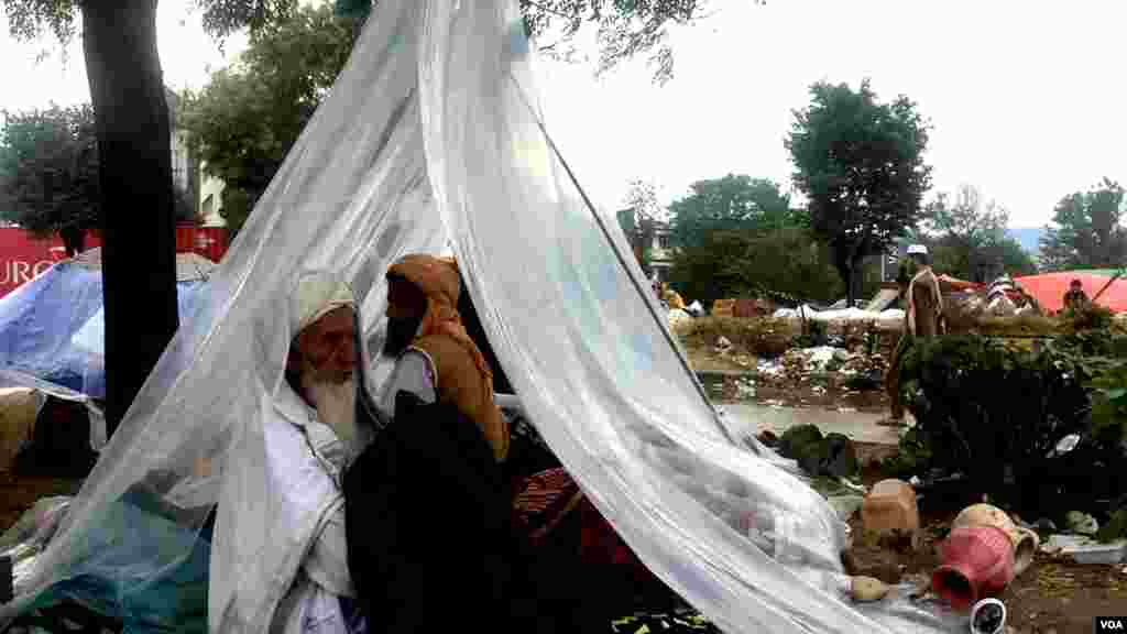 شرکا کی اکثریت نے خود کو بارش سے بچانے کے لیے پلاسٹک کی شیٹیں استعمال کیں۔ دھرنے میں شامل ایک بزرگ اور ان کا ایک ساتھی پلاسٹک کے سائبان تلے بیٹھے ہیں۔ 