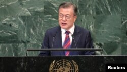 문재인 한국 대통령이 26일 뉴욕 유엔본부에서 열린 제73차 유엔총회에서 연설했다.