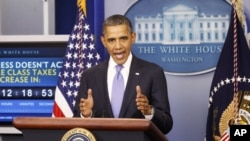 US President Barack Obama speaks on the extension of the payroll tax cut and of the Republican obstruction of Richard Cordray's nomination to head the Consumer Financial Protection Bureau (CFPB) in the briefing room of the White House in Washington, Decem