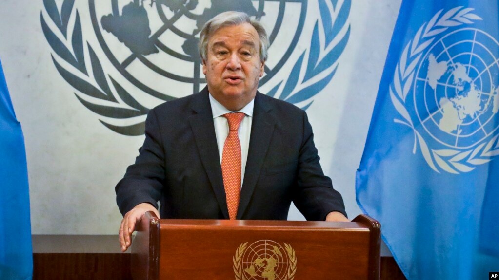 FILE - U.N. Secretary-General Antonio Guterres speaks at the U.N. headquarters, Oct. 5, 2018.