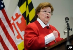 FILE - Sen. Barbara Mikulski, D-Md., speaks during a news conference in Baltimore, March 2, 2015.
