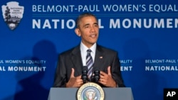 President Barack Obama speaks at the newly designated Belmont-Paul Women’s Equality National Monument, formerly known as the Sewall-Belmont House and Museum, on National Equal Pay Day, in Washington, April 12, 2016.