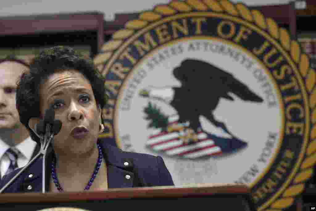 U.S. Attorney General Loretta Lynch announces an indictment against nine FIFA officials and five corporate executives for racketeering, conspiracy and corruption at a news conference, in Brooklyn, New York, May 27, 2015.