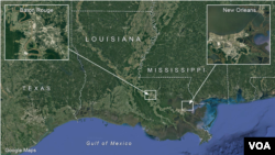 Map showing Louisiana and Mississippi