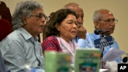 Pakistani human rights activist Nasreen Azhar, second left, addresses the audience at a launching ceremony for the report, 'State of Human Rights in 2018,' in Islamabad, April 15, 2019.