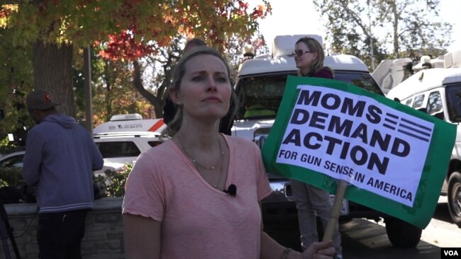Grace Fisher is a mom who is fearful for her three children. She said something needs to change with regard to gun regulations. She lives in a neighborhood near Thousand Oaks, site of the most recent U.S. mass shooting. (E. Lee/VOA)
