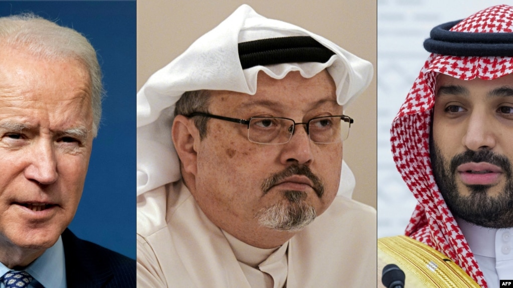 从左到右依次是美国总统拜登、2018年被杀害的前沙特记者贾迈勒·卡舒吉 (Jamal Khashoggi)和沙特王储穆罕默德·本·萨勒曼（Mohammed bin Salman bin Abdulaziz Al Saud。-法新社合成照片 (photo:VOA)