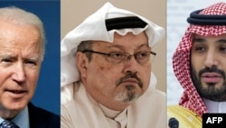 從左到右依次是美國總統拜登、2018年被殺害的前沙特記者賈邁勒·卡舒吉 (Jamal Khashoggi)和沙特王儲穆罕默德·本·薩勒曼（Mohammed bin Salman bin Abdulaziz Al Saud。-法新社合成照片 