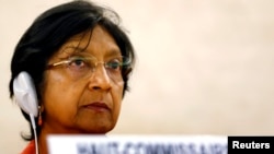 U.N. High Commissioner for Human Rights Navi Pillay after her address to the 26th session of the Human Rights Council at the United Nations in Geneva June 10, 2014. REUTERS/Denis Balibouse 