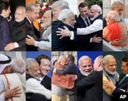 In this combo photo, Indian Prime Minister Narendra Modi is seen hugging various heads of state and VIPs. The folksy embrace has become a signature move for the Indian prime minister in greeting global leaders and celebrities alike.
