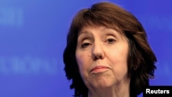 FILE - EU foreign policy chief Catherine Ashton holds a news conference, January 17, 2013.
