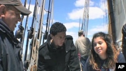 A freshman class recently spent a day aboard an educational sailing ship, the Spirit of Massachusetts, rotating among work stations to study navigation, steer the ship, learn sailing basics, take water samples for testing, and more, June 2011