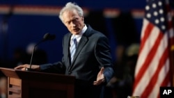 Actor Clint Eastwood speaks to an empty chair on the final night of the convention, August 30, 2012.