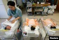 서울의 한 종합병원 산부인과 병동에서 간호사가 신생아들을 돌보고 있다.