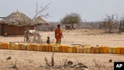 A woman and a child walk past a long line of plastic water containers queued up to be filled with water from a tanker, in the drought-affected village of Bandarero, near Moyale town on the Ethiopian border, in northern Kenya, March 3, 2017. 