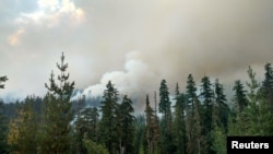 Wildfire burns in Willamette National Forest, Oregon. Elsewhere in the state wildfires have forced evacuations and closed roads near prime eclipse-viewing locations.