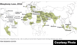 A map, compiled by Pew Research, of nations in the Middle East, Europe, Africa and Asia that still have blasphemy laws on the books (courtesy Pew Research Center)