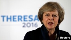 Britain's Home Secretary Theresa May speaks during her Conservative party leadership campaign at the Institute of Engineering and Technology in Birmingham, Britain July 11, 2016. (Reuters)