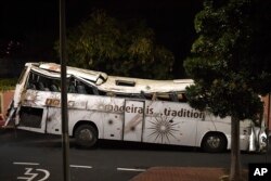 The tour bus involved in a fatal crash is seen at Canico, on Portugal's Madeira Island, April 18, 2019.