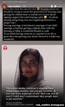 متھیرا نے کا کہنا ہے کہ زبردستی شادی کرنا غلط ہے، کم عمری میں شادی کرنا بھی درست نہیں لیکن نکاح کرنا بہترین عمل ہے۔