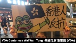 參與香港人權民主法案集氣大會的市民，在禁蒙面法實施之後仍然戴上黑色口罩，高舉示威標語 （攝影：美國之音湯惠芸）